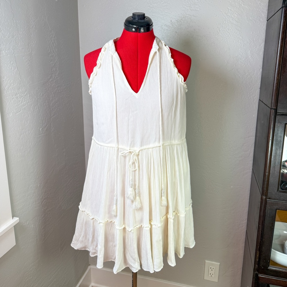 Dex White Tiered Ruffle Halter Tie Top Graduation Boho Mini Dress Size S